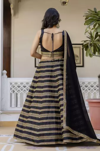 Black Silk Lehenga Choli with Embroidery and Georgette Dupatta