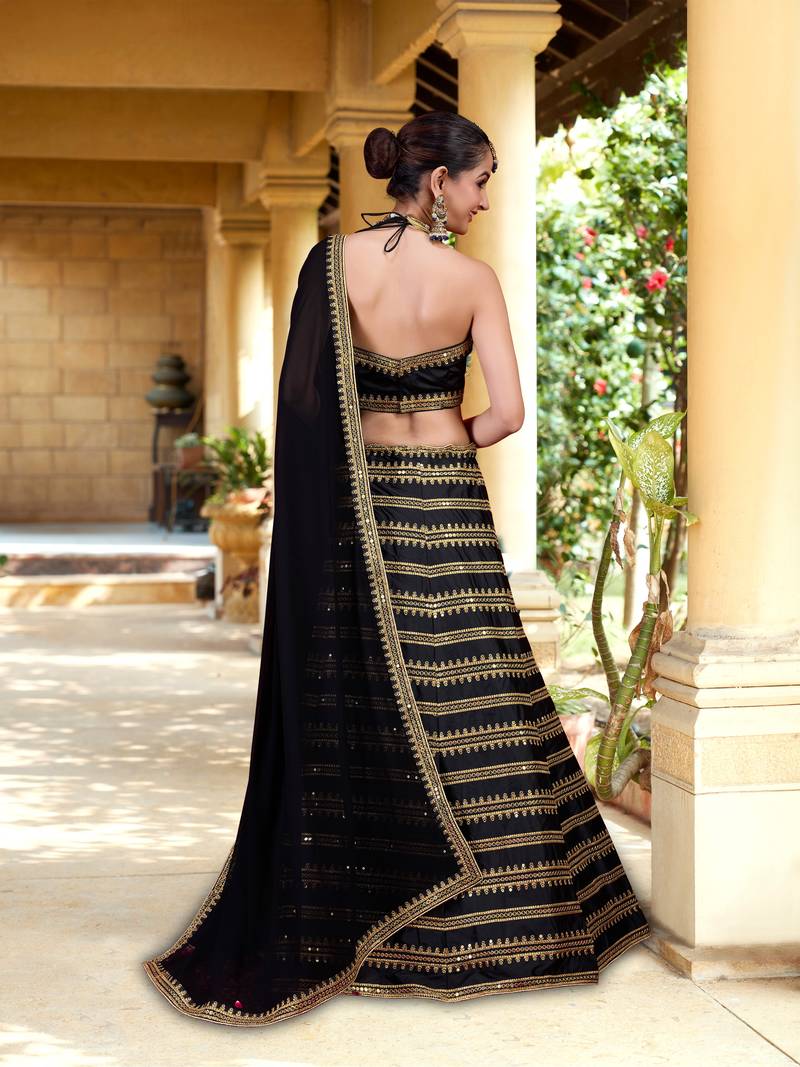 Black Silk Lehenga Choli with Embroidery and Georgette Dupatta