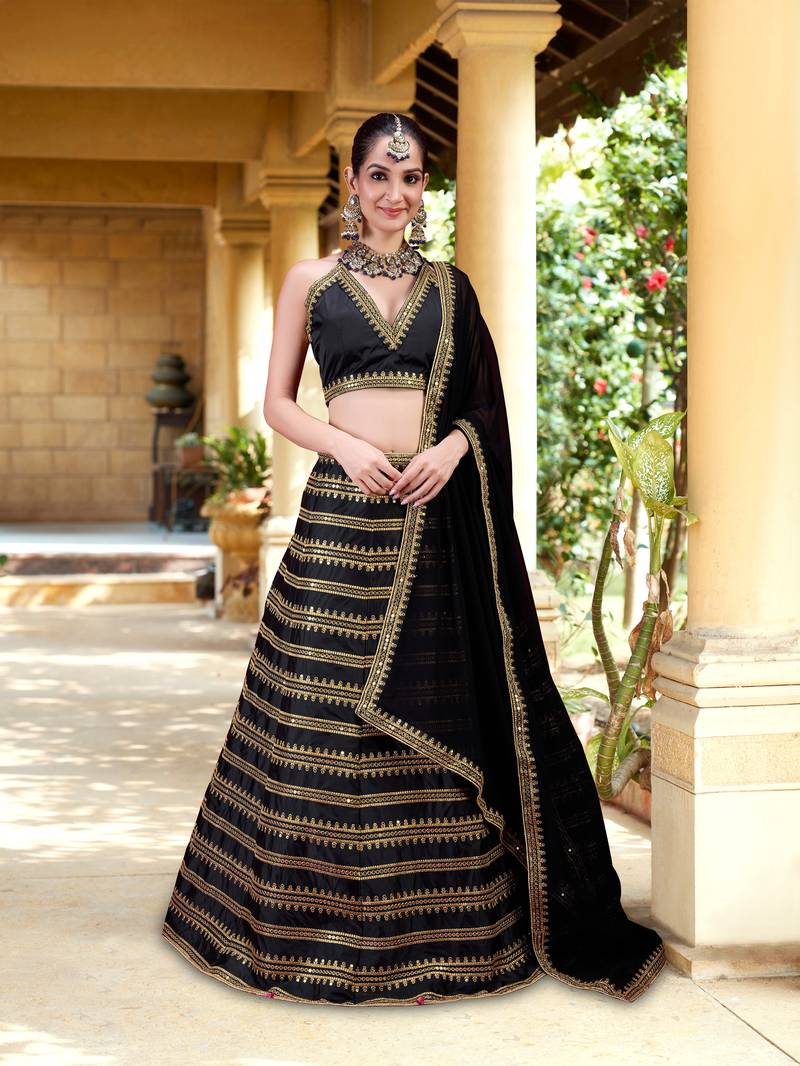 Black Silk Lehenga Choli with Embroidery and Georgette Dupatta