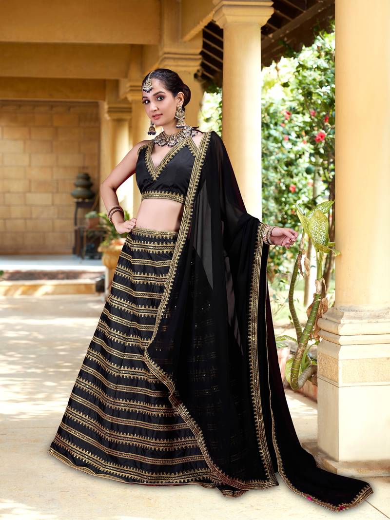 Black Silk Lehenga Choli with Embroidery and Georgette Dupatta