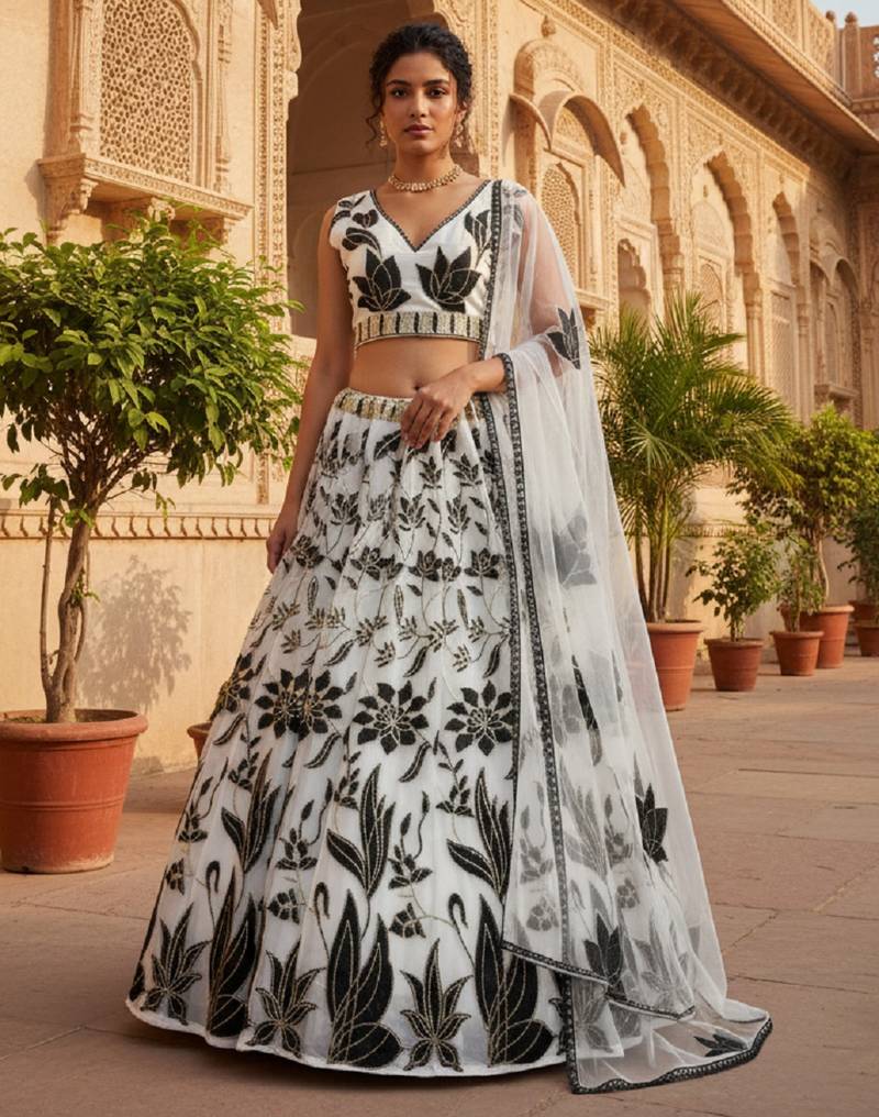 Dazzling Black And White Thread And Sequins Embroidered Faux Georgette Designer Lehenga Choli