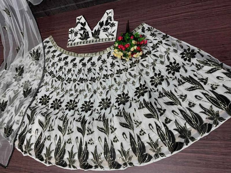 Dazzling Black And White Thread And Sequins Embroidered Faux Georgette Designer Lehenga Choli
