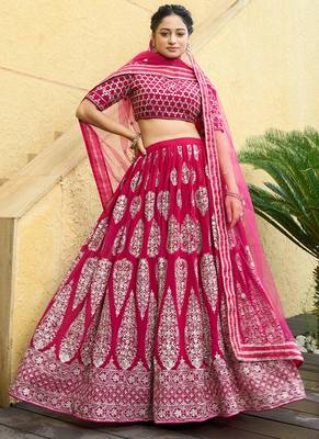 Cherry Red Zari And Sequins Embroidered Faux Georgette Designer Lehenga Choli 1