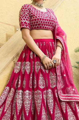 Cherry Red Zari And Sequins Embroidered Faux Georgette Designer Lehenga Choli