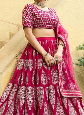 Cherry Red Zari And Sequins Embroidered Faux Georgette Designer Lehenga Choli 5