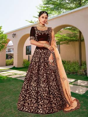 Trendmalls Women's Maroon Velvet Sequence Embroidery Bridal Lehenga Choli with Net Dupatta 2