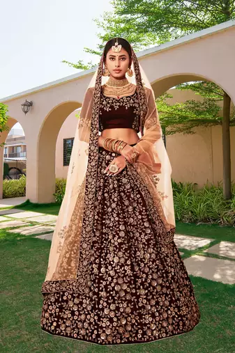 Trendmalls Women's Maroon Velvet Sequence Embroidery Bridal Lehenga Choli with Net Dupatta