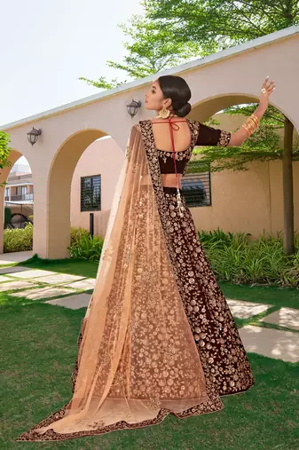 Trendmalls Women's Maroon Velvet Sequence Embroidery Bridal Lehenga Choli with Net Dupatta