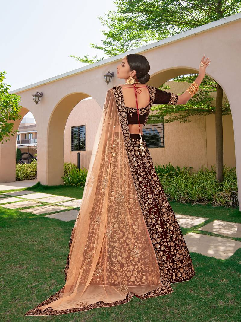 Women's Maroon Velvet Sequence Embroidery Bridal Lehenga Choli with Net Dupatta