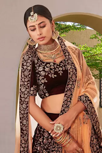 Trendmalls Women's Maroon Velvet Sequence Embroidery Bridal Lehenga Choli with Net Dupatta