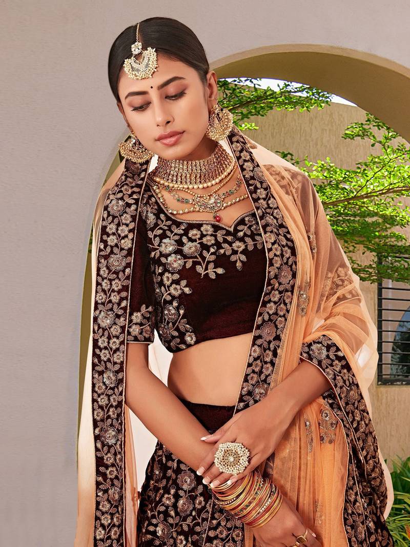 Women's Maroon Velvet Sequence Embroidery Bridal Lehenga Choli with Net Dupatta