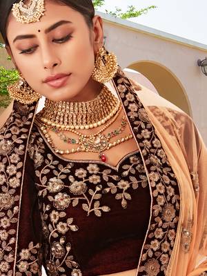 Trendmalls Women's Maroon Velvet Sequence Embroidery Bridal Lehenga Choli with Net Dupatta 6