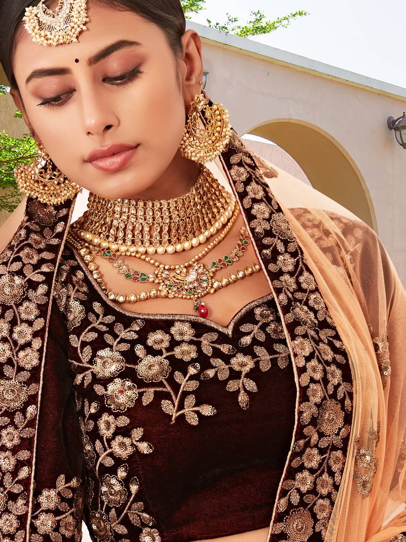 Women's Maroon Velvet Sequence Embroidery Bridal Lehenga Choli with Net Dupatta