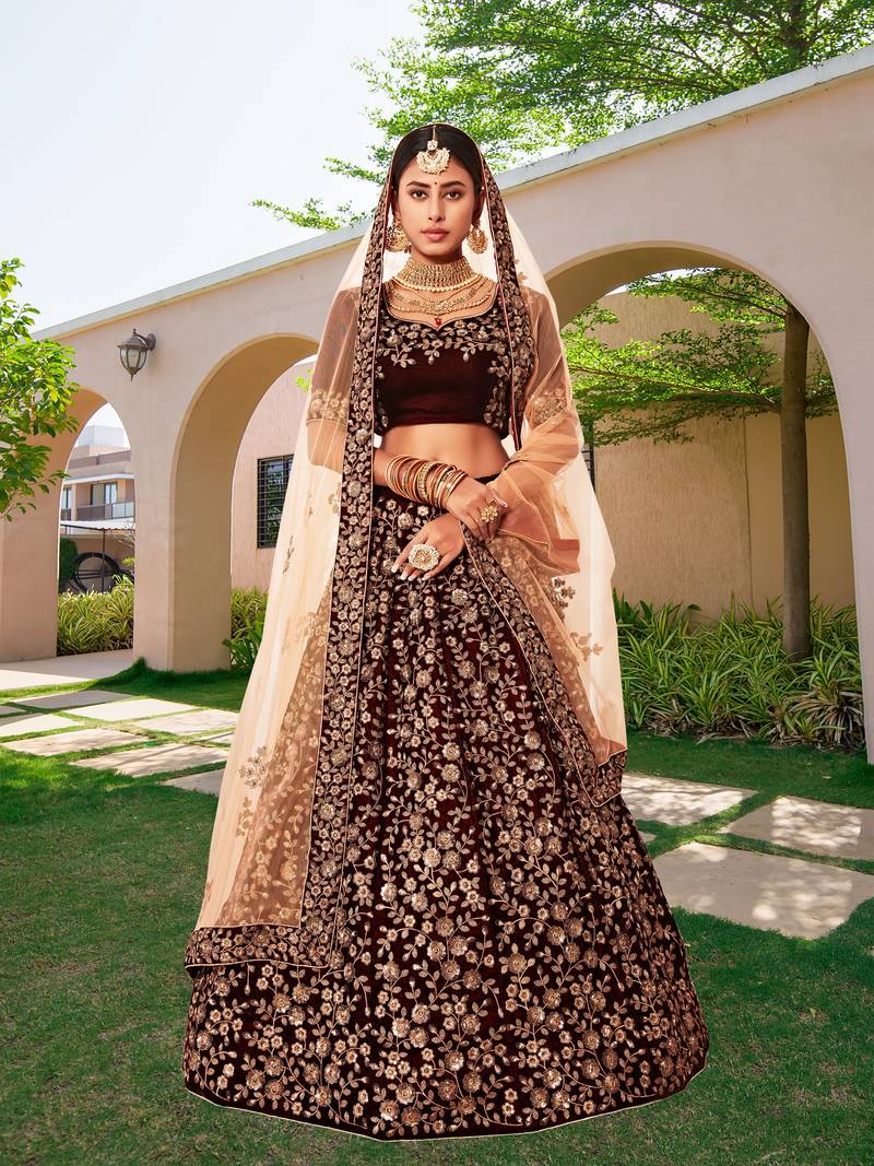 Women's Maroon Velvet Sequence Embroidery Bridal Lehenga Choli with Net Dupatta