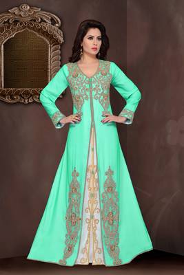 Sea-Green embroidered georgette Islamic kaftans with hijab 1