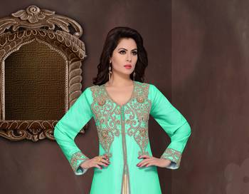 Sea-Green embroidered georgette Islamic kaftans with hijab 2