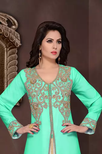 Sea-Green embroidered georgette Islamic kaftans with hijab