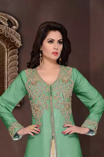 Dark Green embroidered georgette Islamic kaftans with hijab