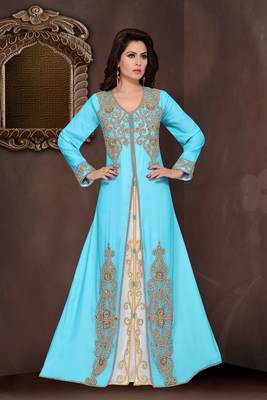 Cyan embroidered georgette Islamic kaftans with hijab 1