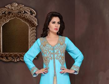 Cyan embroidered georgette Islamic kaftans with hijab 2