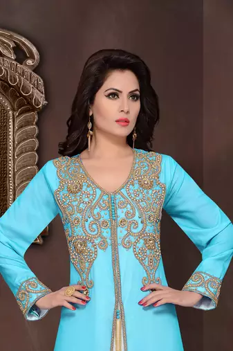 Cyan embroidered georgette Islamic kaftans with hijab