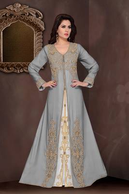 Grey embroidered georgette Islamic kaftans with hijab 1