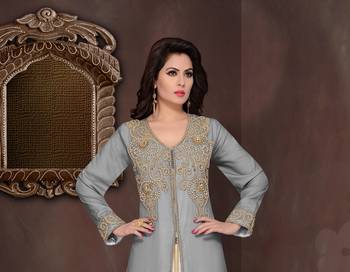 Grey embroidered georgette Islamic kaftans with hijab 2