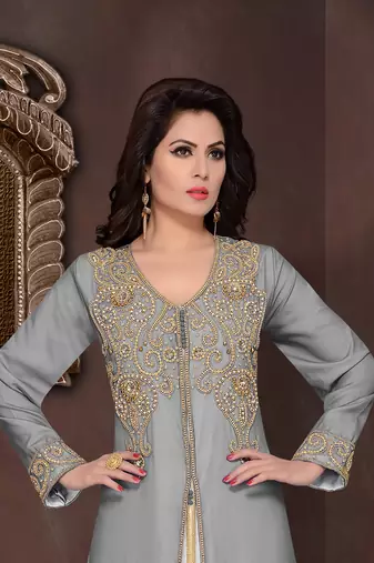 Grey embroidered georgette Islamic kaftans with hijab