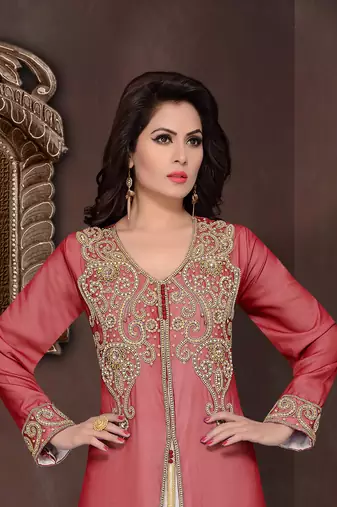 Maroon embroidered georgette Islamic kaftans with hijab