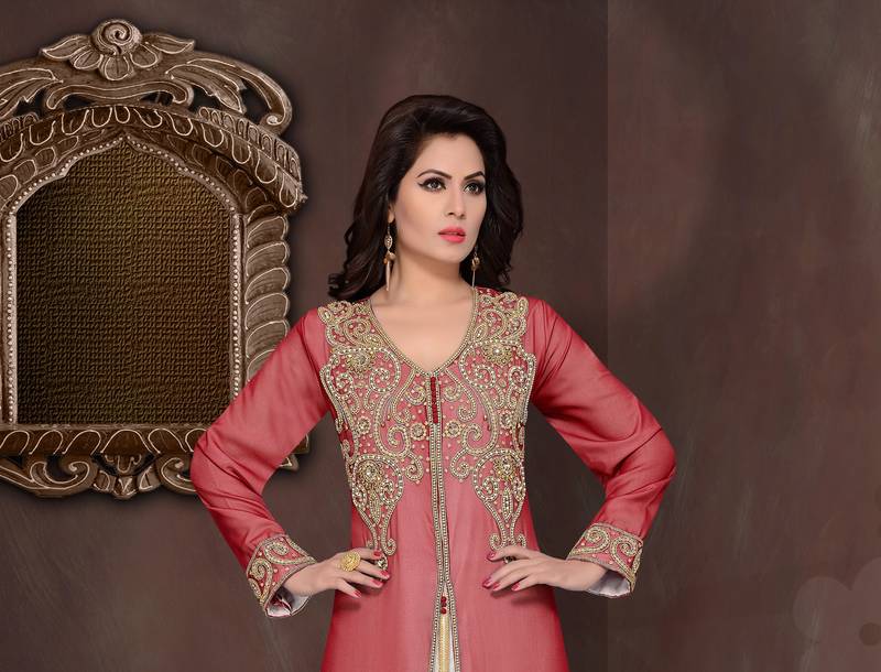 Maroon embroidered georgette Islamic kaftans with hijab