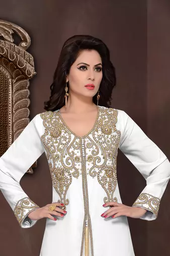 Off-White embroidered georgette Islamic kaftans with hijab
