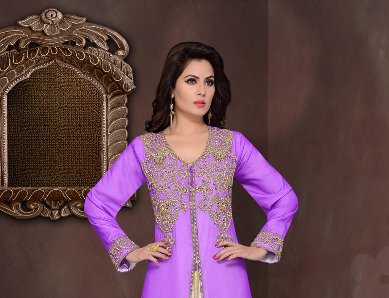 Purple embroidered georgette Islamic kaftans with hijab