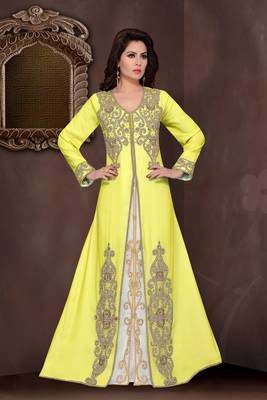 Yellow embroidered georgette islamic kaftans with hijab 1
