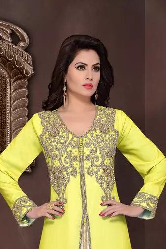 Yellow embroidered georgette islamic kaftans with hijab
