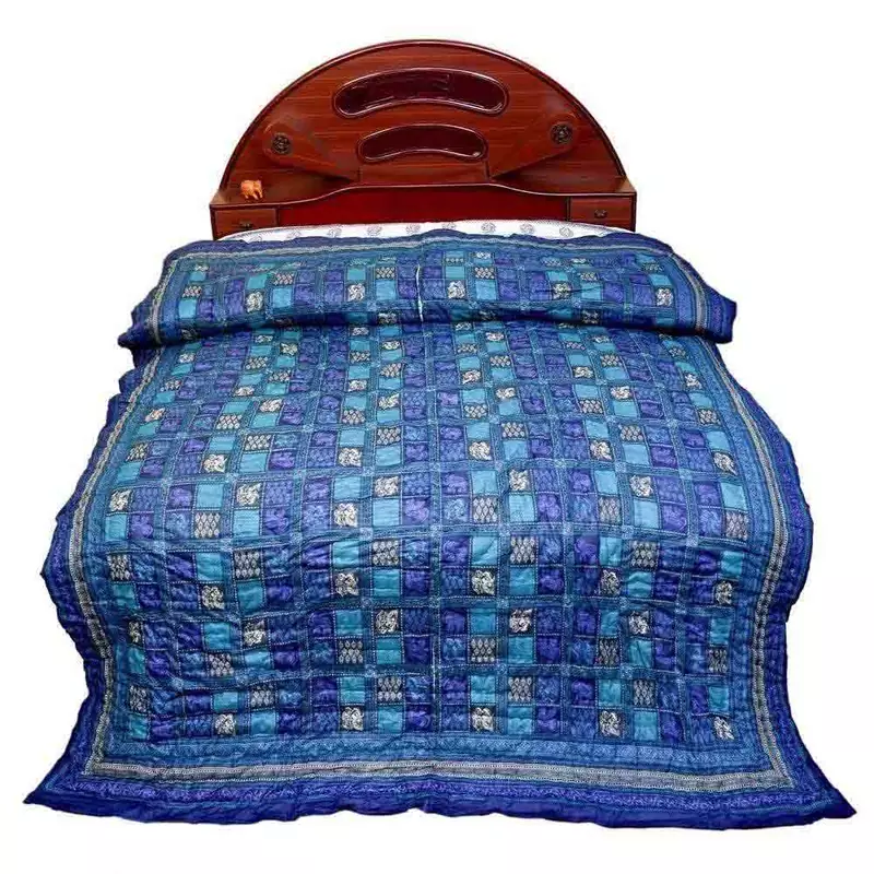 Fancy Multi Design Chequered Blue Double Bed Quilt Deepawali Gift 343