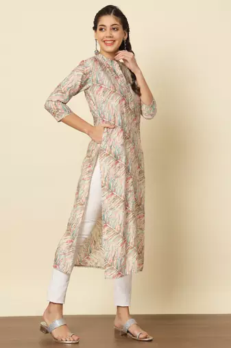 Off-white multicolour modal silk straight kurta