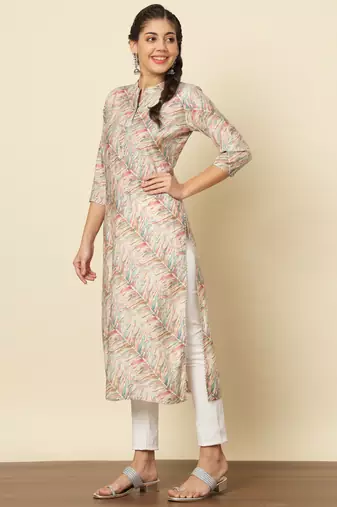 Off-white multicolour modal silk straight kurta