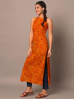 Yellow bandhani straight indo - western kurta 4