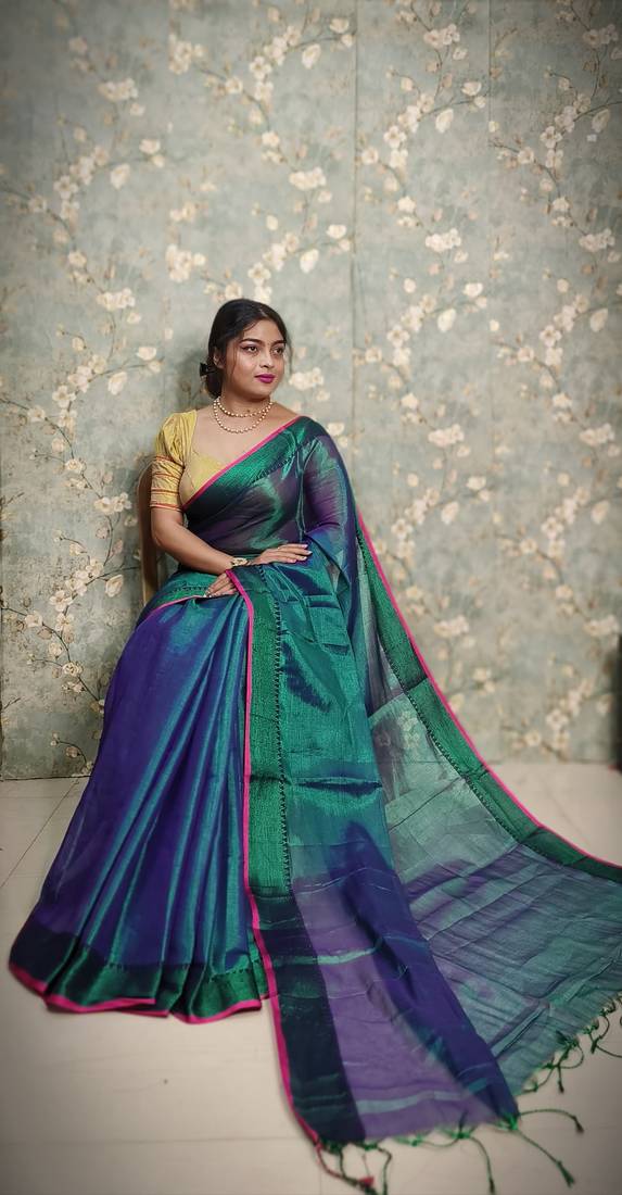 Fabulous Blue Soft Tissue Saree Jori Border 