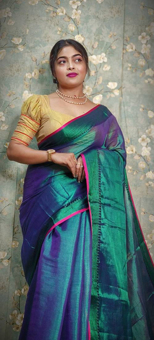 Fabulous Blue Soft Tissue Saree Jori Border 