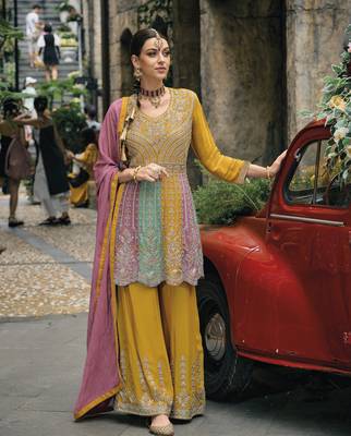 Multi chinon  embroidery work semi Stiched  suit set 1