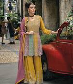 Multi chinon  embroidery work semi Stiched  suit set