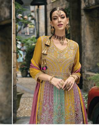 Multi chinon  embroidery work semi Stiched  suit set 2