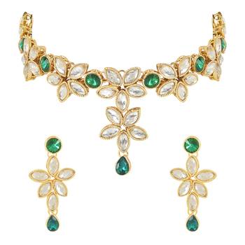 Traditional Floral Design Kundan Studded Necklace Jewellery With Earrings Set for Women/Girls  6