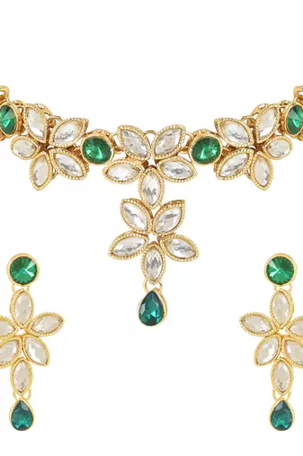 Traditional Floral Design Kundan Studded Necklace Jewellery With Earrings Set for Women/Girls 