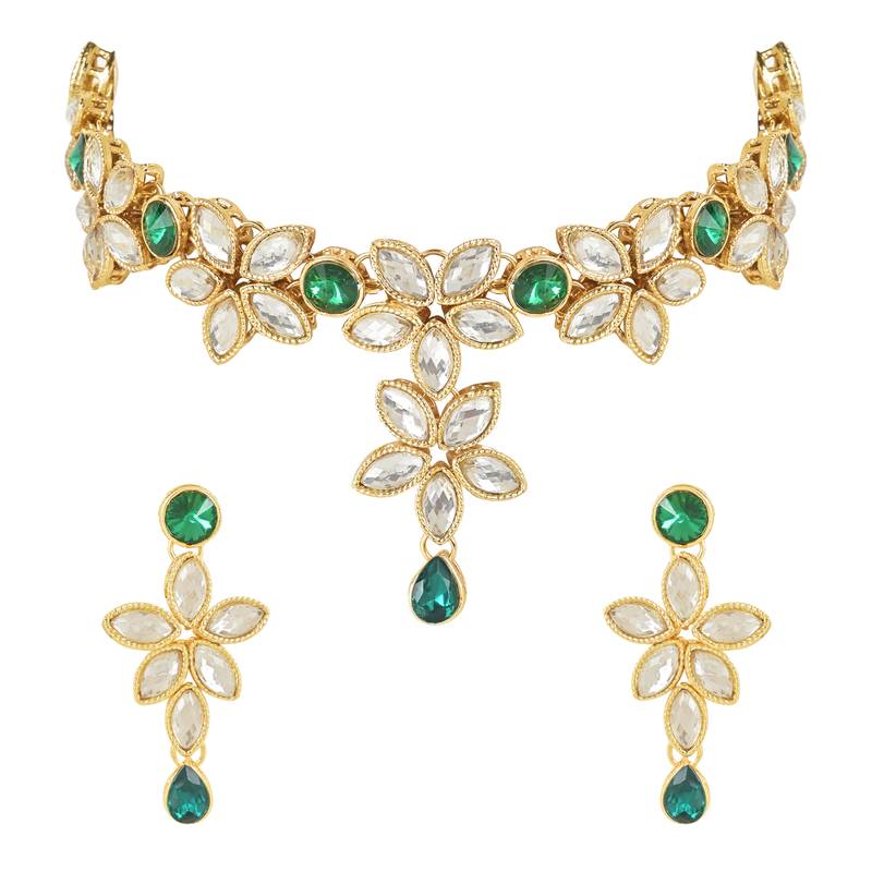 Traditional Floral Design Kundan Studded Necklace Jewellery With Earrings Set for Women/Girls 