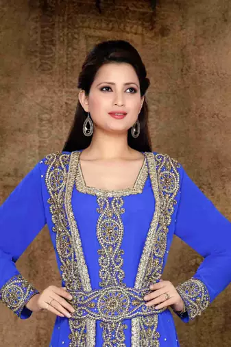 Royal-Blue color Full Sleeves Handmade Moroccan Kaftan with hijab