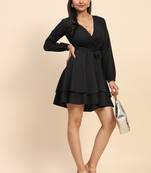 Women's Short Western V-Neck Long Sleeve Black Mini Dress