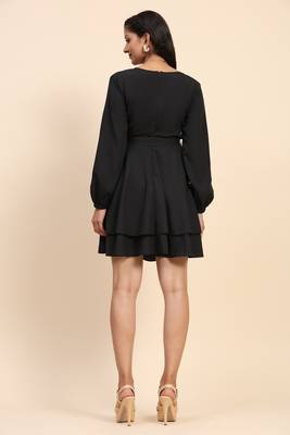 Women's Short Western V-Neck Long Sleeve Black Mini Dress 2