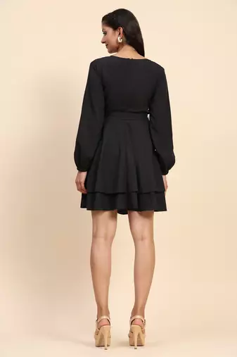 Women's Short Western V-Neck Long Sleeve Black Mini Dress